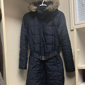 Banana Republic Navy Belted Puffer Coat with removable hoodie